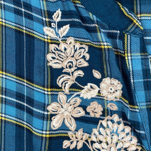 Pioneer Woman boho embroidered tunic blouse Henley button turquoise plaid 2X - Picture 2 of 9